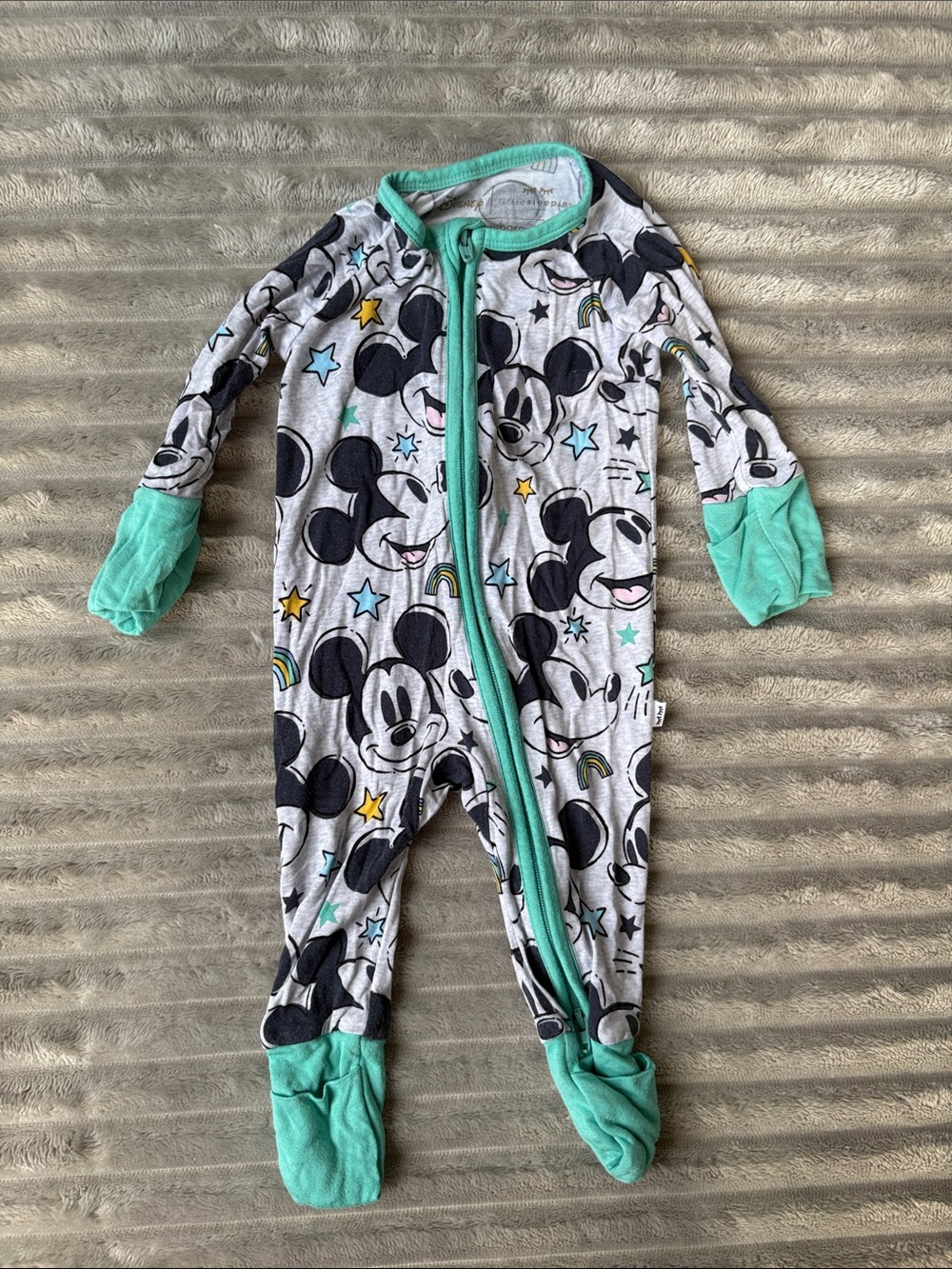 Little Sleepies Grey Mickey Print Footed One-Piece with Mint Trim